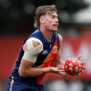 ADELAIDE, AUSTRALIA - APRIL 12: Harley Reid of the Eagles in action during the 2026 AFL Round 05 match between the Geelong Cats and the West Coast Eagles at Norwood Oval on April 12, 2026 in Adelaide, Australia. (Photo by Michael Willson/AFL Photos via Getty Images)