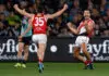 ADELAIDE, AUSTRALIA - APRIL 11: Jack Silvagni of the Saints celebrates a goal during the 2026 AFL Round 05 match between the Port Adelaide Power and the St Kilda Saints at Adelaide Oval on April 11, 2026 in Adelaide, Australia. (Photo by Michael Willson/AFL Photos via Getty Images)