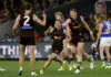 ADELAIDE, AUSTRALIA - APRIL 11: Nick Watson of the Hawks celebrates a goal during the round five AFL match between Hawthorn Hawks and Western Bulldogs at Adelaide Oval, on April 11, 2026, in Adelaide, Australia. (Photo by Jonathan DiMaggio/AFL Photos/via Getty Images)