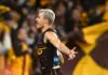 ADELAIDE, AUSTRALIA - APRIL 11: Jack Ginnivan of the Hawks celebrates kicking a goal during the round five AFL match between Hawthorn Hawks and Western Bulldogs at Adelaide Oval, on April 11, 2026, in Adelaide, Australia. (Photo by Quinn Rooney/Getty Images)