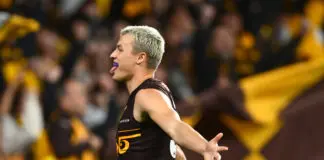 FINAL TEAMS: Fremantle vs Hawthorn – Round 9, 2026 ADELAIDE, AUSTRALIA - APRIL 11: Jack Ginnivan of the Hawks celebrates kicking a goal during the round five AFL match between Hawthorn Hawks and Western Bulldogs at Adelaide Oval, on April 11, 2026, in Adelaide, Australia. (Photo by Quinn Rooney/Getty Images)