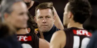 Not happy Sam: Hawthorn coach delivers chilling spray to steady the ship ADELAIDE, AUSTRALIA - APRIL 11: Sam Mitchell, Senior Coach of the Hawks looks on during the round five AFL match between Hawthorn Hawks and Western Bulldogs at Adelaide Oval, on April 11, 2026, in Adelaide, Australia. (Photo by Jonathan DiMaggio/AFL Photos/via Getty Images)