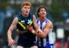 AFL Draft Profile: Ethan Herbert – Potential Landing Spots, Draft Range, Strengths MELBOURNE, AUSTRALIA - APRIL 12: Ethan Herbert of the AFL National Academy and Wil Dawson of the Kangaroos compete in the ruck during the Marsh AFL National Academy Boys match between Australia U18 and North Melbourne VFL at Arden Street Ground on April 12, 2026 in Melbourne, Australia. (Photo by Josh Chadwick/AFL Photos/via Getty Images)