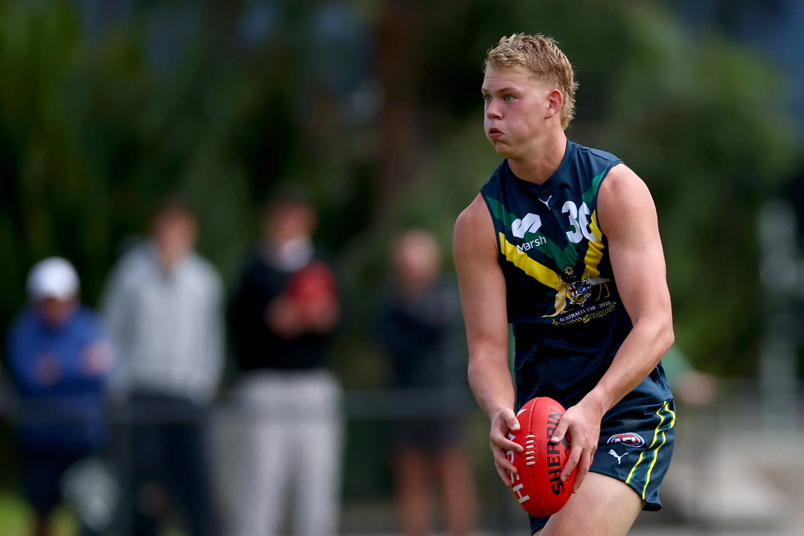 MELBOURNE, AUSTRALIA - APRIL 12: Harry Van Hattum of the AFL National Academy kicks during the Marsh AFL National Academy Boys match between Australia U18 and North Melbourne VFL at Arden Street Ground on April 12, 2026 in Melbourne, Australia. (Photo by Josh Chadwick/AFL Photos/via Getty Images)