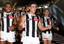 MELBOURNE, AUSTRALIA - APRIL 16: Nick Daicos of the Magpies celebrates during the 2026 AFL Round 06 match between the Carlton Blues and the Collingwood Magpies at the Melbourne Cricket Ground on April 16, 2026 in Melbourne, Australia. (Photo by Michael Willson/AFL Photos via Getty Images)
