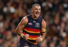 ADELAIDE, AUSTRALIA - APRIL 18: Taylor Walker of the Crows celebrates a goal during the 2026 AFL Round 06 match between the Adelaide Crows and the St Kilda Saints at Adelaide Oval on April 18, 2026 in Adelaide, Australia. (Photo by Sarah Reed/AFL Photos via Getty Images)