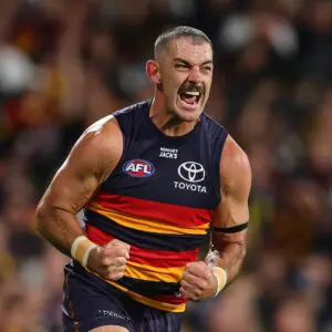 ADELAIDE, AUSTRALIA - APRIL 18: Taylor Walker of the Crows celebrates a goal during the 2026 AFL Round 06 match between the Adelaide Crows and the St Kilda Saints at Adelaide Oval on April 18, 2026 in Adelaide, Australia. (Photo by Sarah Reed/AFL Photos via Getty Images)