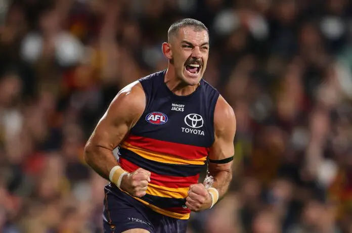 ADELAIDE, AUSTRALIA - APRIL 18: Taylor Walker of the Crows celebrates a goal during the 2026 AFL Round 06 match between the Adelaide Crows and the St Kilda Saints at Adelaide Oval on April 18, 2026 in Adelaide, Australia. (Photo by Sarah Reed/AFL Photos via Getty Images)
