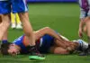 GEELONG, AUSTRALIA - APRIL 17: Sam Darcy of the Bulldogs grabs at his knee during the round six AFL match between Geelong Cats and Western Bulldogs at GMHBA Stadium, on April 17, 2026, in Geelong, Australia. (Photo by Quinn Rooney/Getty Images)
