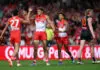 SYDNEY, AUSTRALIA - APRIL 17: Charlie Curnow of the Swans celebrates kicking a goal during the round six AFL match between Sydney Swans and Greater Western Sydney Giants at SCG, on April 17, 2026, in Sydney, Australia. (Photo by Cameron Spencer/Getty Images)
