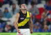 MELBOURNE, AUSTRALIA - APRIL 19: Jayden Short of the Tigers reacts during the round six AFL match between North Melbourne Kangaroos and Richmond Tigers at Marvel Stadium, on April 19, 2026, in Melbourne, Australia. (Photo by Morgan Hancock/Getty Images)