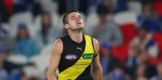 Richmond defender’s Collingwood trade ruled out as AFL agent explains unique situaiton MELBOURNE, AUSTRALIA - APRIL 19: Jayden Short of the Tigers reacts during the round six AFL match between North Melbourne Kangaroos and Richmond Tigers at Marvel Stadium, on April 19, 2026, in Melbourne, Australia. (Photo by Morgan Hancock/Getty Images)