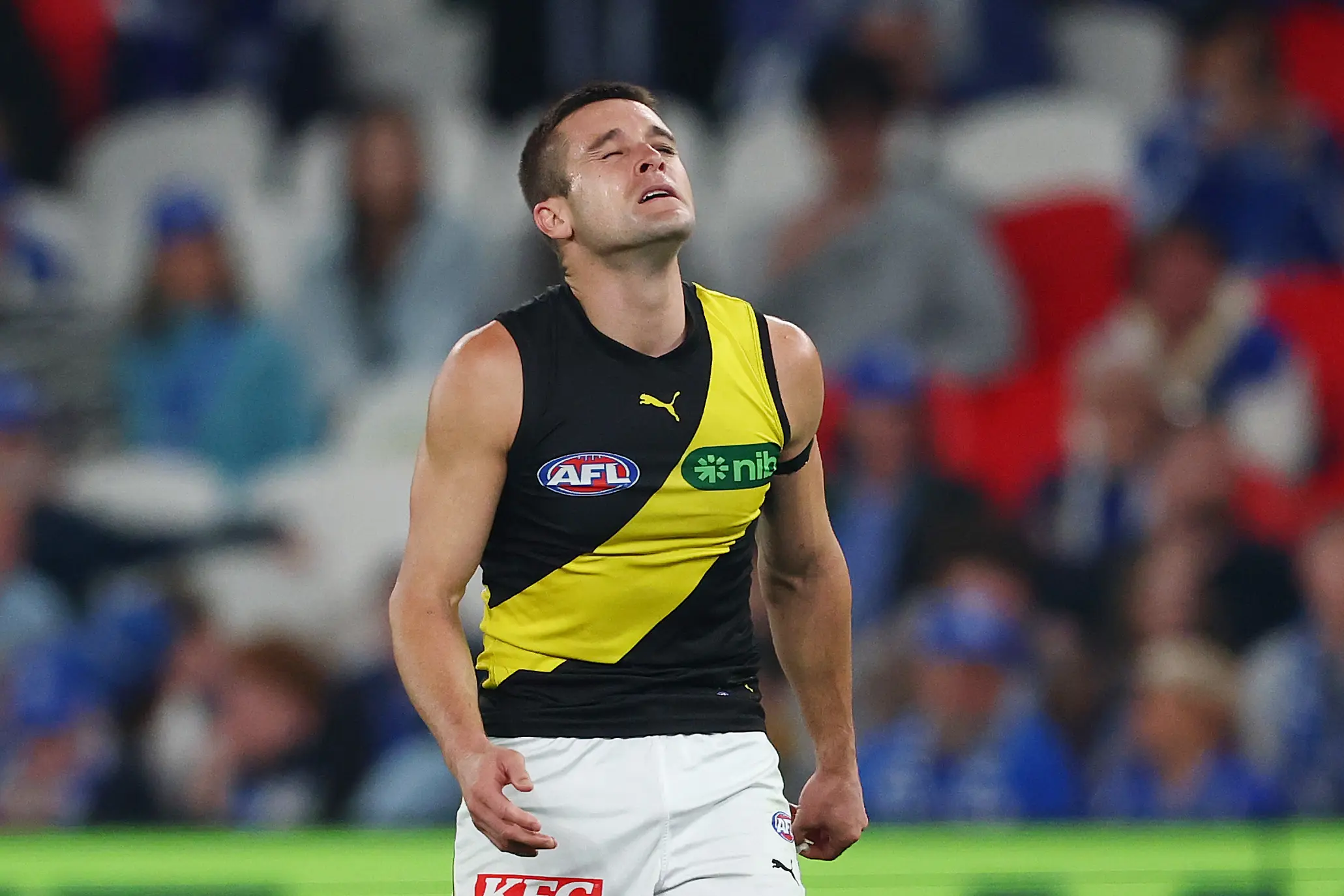 MELBOURNE, AUSTRALIA - APRIL 19: Jayden Short of the Tigers reacts during the round six AFL match between North Melbourne Kangaroos and Richmond Tigers at Marvel Stadium, on April 19, 2026, in Melbourne, Australia. (Photo by Morgan Hancock/Getty Images)