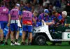 MELBOURNE, AUSTRALIA - APRIL 23: Aaron Naughton of the Bulldogs leaves the field on a stretcher during the 2026 AFL Round 07 match between the Western Bulldogs and the Sydney Swans at Marvel Stadium on April 23, 2026 in Melbourne, Australia. (Photo by Michael Willson/AFL Photos via Getty Images)