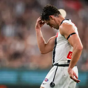 MELBOURNE, AUSTRALIA - APRIL 25: Scott Pendlebury of the Magpies celebrates a goal during the 2026 AFL Round 07 match between the Essendon Bombers and the Collingwood Magpies at the Melbourne Cricket Ground on April 25, 2026 in Melbourne, Australia. (Photo by Craig Dooley/AFL Photos via Getty Images)