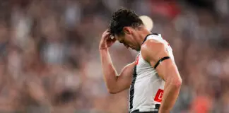 FINAL TEAMS: Collingwood vs West Coast – Round 11, 2026 MELBOURNE, AUSTRALIA - APRIL 25: Scott Pendlebury of the Magpies celebrates a goal during the 2026 AFL Round 07 match between the Essendon Bombers and the Collingwood Magpies at the Melbourne Cricket Ground on April 25, 2026 in Melbourne, Australia. (Photo by Craig Dooley/AFL Photos via Getty Images)