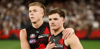 Calls for Victorian powerhouse to be scrapped from Anzac Day MELBOURNE, AUSTRALIA - APRIL 25: Nate Caddy (left) and Archie Roberts of the Bombers look dejected after a loss during the 2026 AFL Round 07 match between the Essendon Bombers and the Collingwood Magpies at the Melbourne Cricket Ground on April 25, 2026 in Melbourne, Australia. (Photo by Michael Willson/AFL Photos via Getty Images)