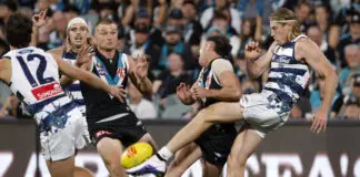 Scott “hopeful” Geelong utility’s injury is minor ADELAIDE, AUSTRALIA - APRIL 25: Mark Blicavs of the Cats is tackled by Zak Butters of the Power during the 2026 AFL Round 07 match between the Port Adelaide Power and the Geelong Cats at Adelaide Oval on April 25, 2026 in Adelaide, Australia. (Photo by James Elsby/AFL Photos via Getty Images)
