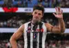 MELBOURNE, AUSTRALIA - APRIL 25: Scott Pendlebury of the Magpies speaks after being presented the Anzac Medal following the 2026 AFL Round 07 match between the Essendon Bombers and the Collingwood Magpies at the Melbourne Cricket Ground on April 25, 2026 in Melbourne, Australia. (Photo by Craig Dooley/AFL Photos via Getty Images)