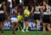 MELBOURNE, AUSTRALIA - APRIL 26: Joel Clamp, AFL Field Umpire recalls the ball after a video review during the 2026 AFL Round 07 match between the St Kilda Saints and the West Coast Eagles at Marvel Stadium on April 26, 2026 in Melbourne, Australia. (Photo by Michael Willson/AFL Photos via Getty Images)