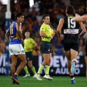 MELBOURNE, AUSTRALIA - APRIL 26: Joel Clamp, AFL Field Umpire recalls the ball after a video review during the 2026 AFL Round 07 match between the St Kilda Saints and the West Coast Eagles at Marvel Stadium on April 26, 2026 in Melbourne, Australia. (Photo by Michael Willson/AFL Photos via Getty Images)