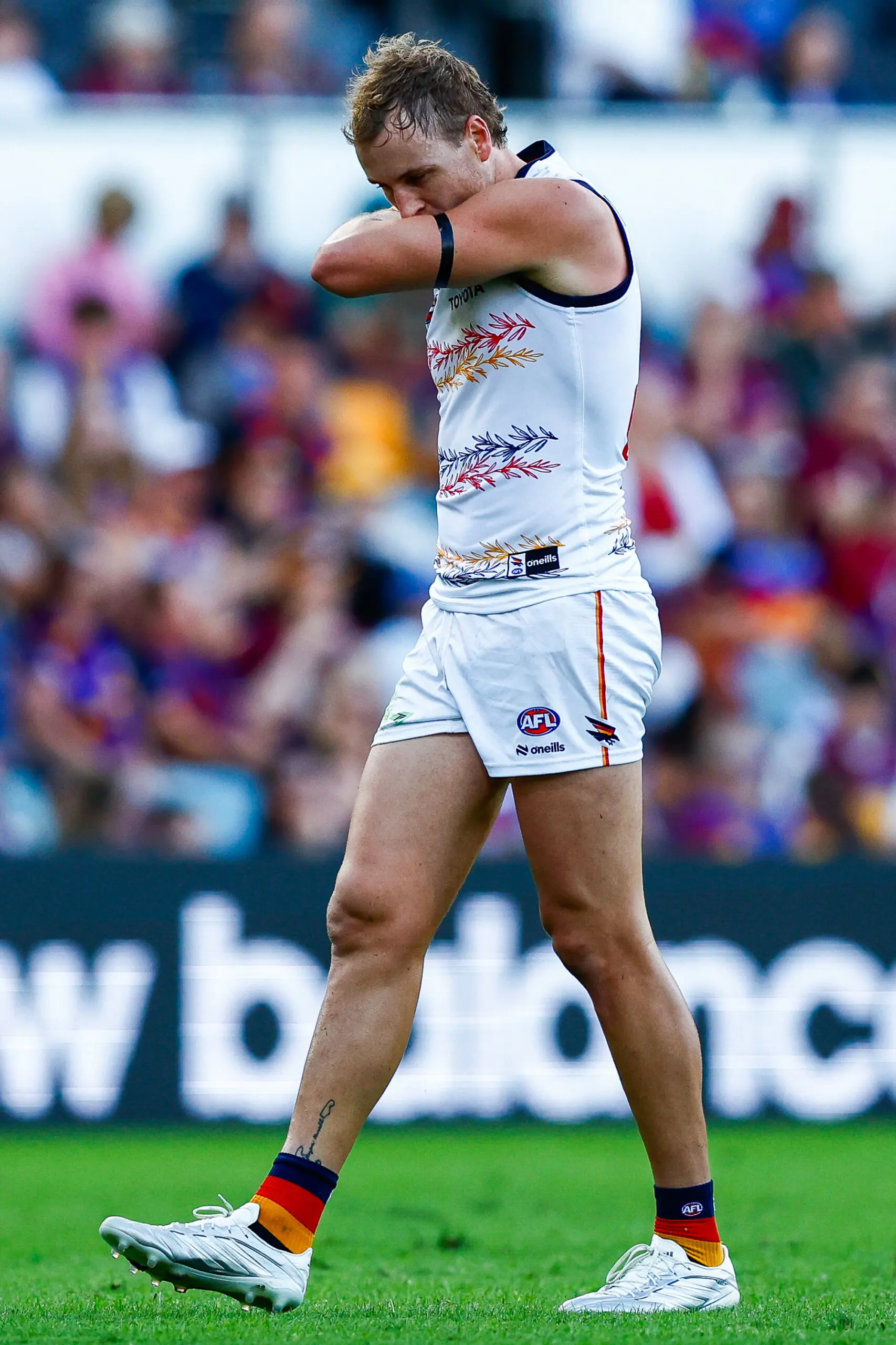 BRISBANE, AUSTRALIA - APRIL 26: Jordan Dawson of the Crows celebrates a goal during the 2026 AFL Round 07 match between the Brisbane Lions and the Adelaide Crows at the Gabba on April 26, 2026 in Brisbane, Australia. (Photo by Russell Freeman/AFL Photos via Getty Images)
