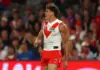 MELBOURNE, AUSTRALIA - APRIL 23: Charlie Curnow of the Swans celebrates after scoring a goal during the round seven AFL match between Western Bulldogs and Sydney Swans at Marvel Stadium, on April 23, 2026, in Melbourne, Australia. (Photo by Robert Cianflone/Getty Images)