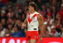 MELBOURNE, AUSTRALIA - APRIL 23: Charlie Curnow of the Swans celebrates after scoring a goal during the round seven AFL match between Western Bulldogs and Sydney Swans at Marvel Stadium, on April 23, 2026, in Melbourne, Australia. (Photo by Robert Cianflone/Getty Images)