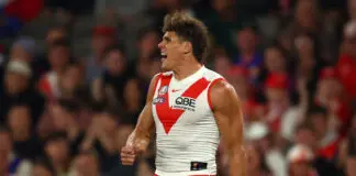 Pair of Sydney recruits to miss Roos clash as under-fire Bomber set for axe MELBOURNE, AUSTRALIA - APRIL 23: Charlie Curnow of the Swans celebrates after scoring a goal during the round seven AFL match between Western Bulldogs and Sydney Swans at Marvel Stadium, on April 23, 2026, in Melbourne, Australia. (Photo by Robert Cianflone/Getty Images)