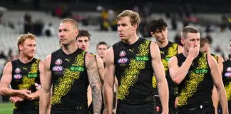 Another Tiger hurt, umpiring decisions a frustration for Yze MELBOURNE, AUSTRALIA - APRIL 24: The Tigers look dejected after losing the round seven AFL match between Richmond Tigers and Melbourne Demons at Melbourne Cricket Ground, on April 24, 2026, in Melbourne, Australia. (Photo by Quinn Rooney/Getty Images)