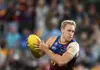 BRISBANE, AUSTRALIA - APRIL 26: Oscar Allen of the Lions competes during the round seven AFL match between Brisbane Lions and Adelaide Crows at The Gabba, on April 26, 2026, in Brisbane, Australia. (Photo by Albert Perez/AFL Photos/via Getty Images)