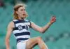 EXCLUSIVE: A 6’7 Tom Stewart has just joined Richmond SYDNEY, AUSTRALIA - JUNE 30: Kye Annand of the Cats kicks a goal during the round 15 VFL match between Sydney Swans and Geelong Cats at Sydney Cricket Ground, on June 30, 2023, in Sydney, Australia. (Photo by Mark Metcalfe/AFL Photos/via Getty Images)