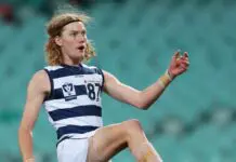 EXCLUSIVE: A 200cm Tom Stewart has just joined Richmond SYDNEY, AUSTRALIA - JUNE 30: Kye Annand of the Cats kicks a goal during the round 15 VFL match between Sydney Swans and Geelong Cats at Sydney Cricket Ground, on June 30, 2023, in Sydney, Australia. (Photo by Mark Metcalfe/AFL Photos/via Getty Images)