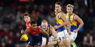 LATE CHANGE: Melbourne vs West Coast – Round 9, 2026 MELBOURNE, AUSTRALIA - AUGUST 02: Kysaiah Pickett of the Demons is chased by Bailey J. Williams of the Eagles during the 2025 AFL Round 21 match between the Melbourne Demons and the West Coast Eagles at Marvel Stadium on August 2, 2025 in Melbourne, Australia. (Photo by Michael Willson/AFL Photos via Getty Images)