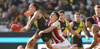 FINAL TEAMS: St Kilda vs Richmond – Round 10, 2026 MELBOURNE, AUSTRALIA - AUGUST 09: Rhyan Mansell of the Tigers handpasses the ball with Anthony Caminiti of the Saints during the 2025 AFL Round 22 match between the Richmond Tigers and the St Kilda Saints at the Melbourne Cricket Ground on August 9, 2025 in Melbourne, Australia. (Photo by James Wiltshire/AFL Photos via Getty Images)
