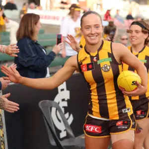 MELBOURNE, AUSTRALIA - NOVEMBER 15: Jasmine Fleming of the Hawks runs out during the AFLW Semi Final match between Hawthorn Hawks and Carlton Blues at Ikon Park on November 15, 2025 in Melbourne, Australia. (Photo by Kelly Defina/Getty Images)