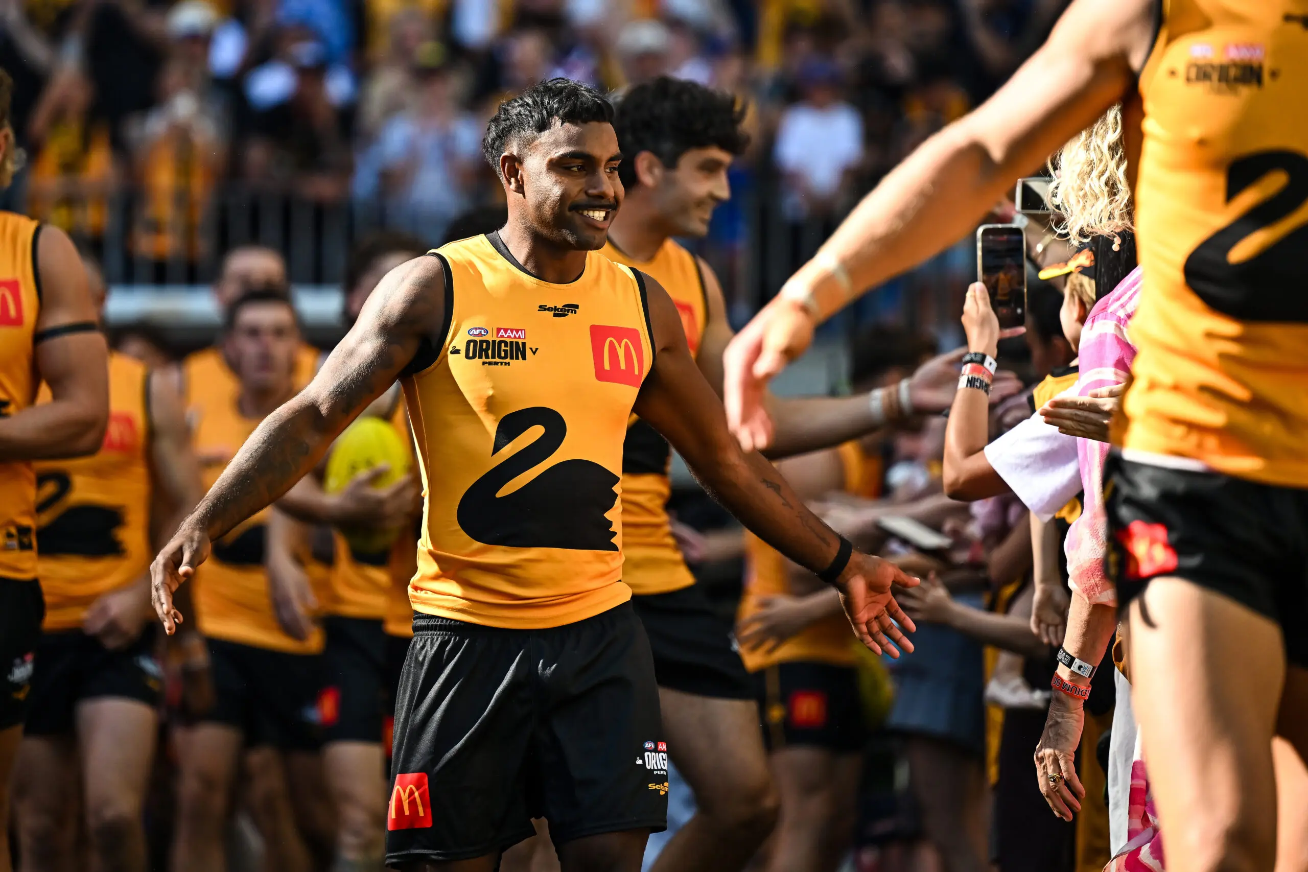 PERTH, AUSTRALIA - FEBRUARY 14: Kysaiah Pickett of Western Australia enters the field during the 2026 AFL Origin match between Western Australia and Victoria at Optus Stadium on February 14, 2026 in Perth, Australia. (Photo by Daniel Carson/AFL Photos via Getty Images)