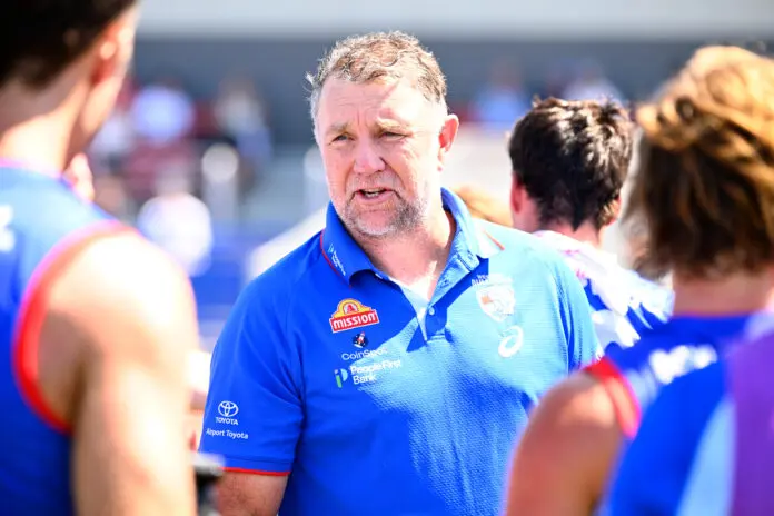 MELBOURNE, AUSTRALIA - FEBRUARY 19: Brendon Lade, Assistant Coach of the Bulldogs addresses players during the 2026 AFL match simulation between the Western Bulldogs and the Sydney Swans at Mission Whitten Oval on February 19, 2026 in Melbourne, Australia. (Photo by Adam Trafford/AFL Photos via Getty Images)