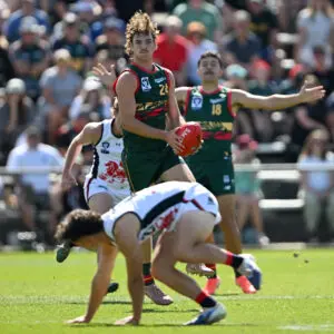 HOBART, AUSTRALIA - MARCH 21: Jaxon Artemis of the Devils in action during the round one VFL match between Tasmania Devils and Coburg Lions at North Hobart Oval on March 21, 2026 in Hobart, Australia. (Photo by Steve Bell/Getty Images)