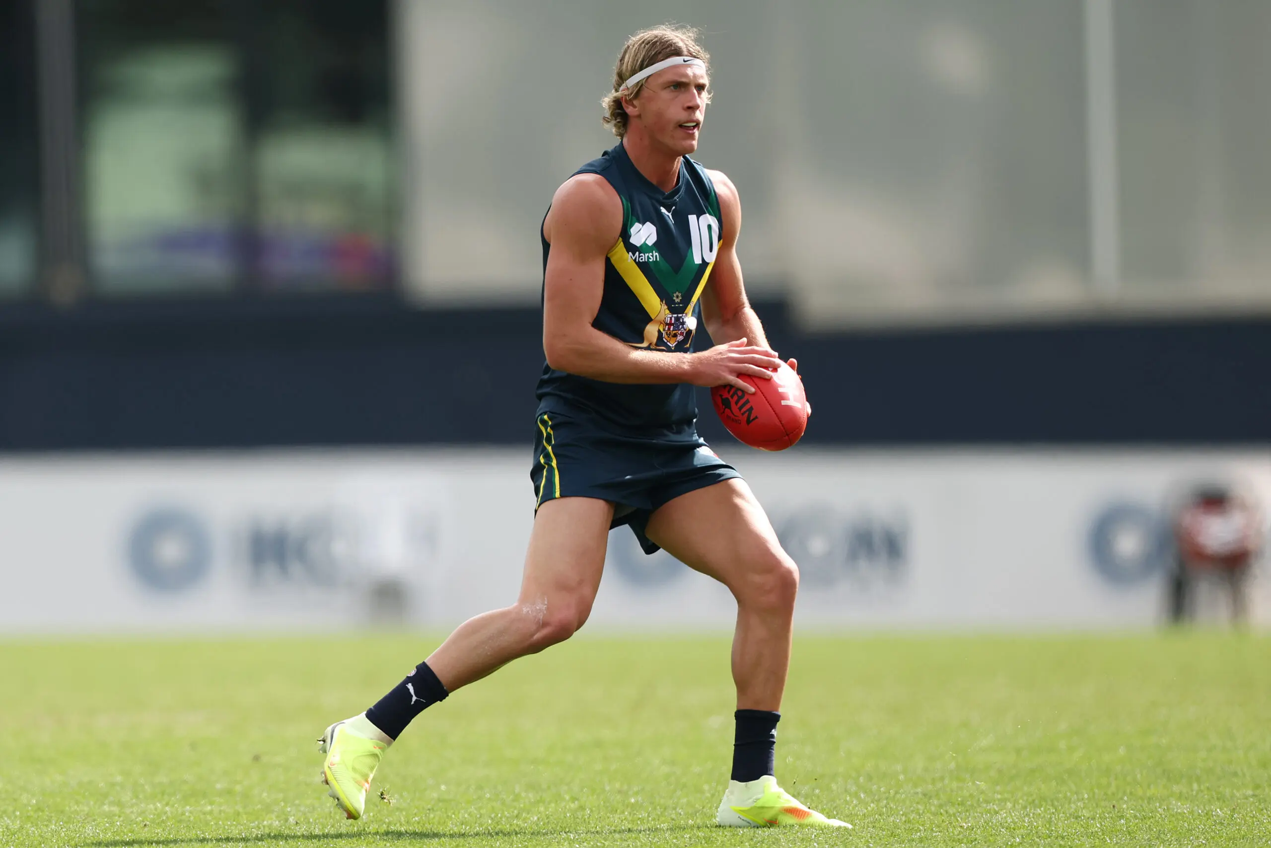 MELBOURNE, AUSTRALIA - APRIL 18: Archie Hill of the AFL National Academy takes possession of the ball during the Marsh AFL National Academy Boys match between Australia U18 and Richmond VFL at Ikon Park on April 18, 2026 in Melbourne, Australia. (Photo by Morgan Hancock/AFL Photos/via Getty Images)