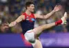 MELBOURNE, AUSTRALIA - APRIL 24: Brody Mihocek of the Demons kicks a goal during the 2026 AFL Round 07 match between the Richmond Tigers and the Melbourne Demons at the Melbourne Cricket Ground on April 24, 2026 in Melbourne, Australia. (Photo by James Wiltshire/AFL Photos via Getty Images)