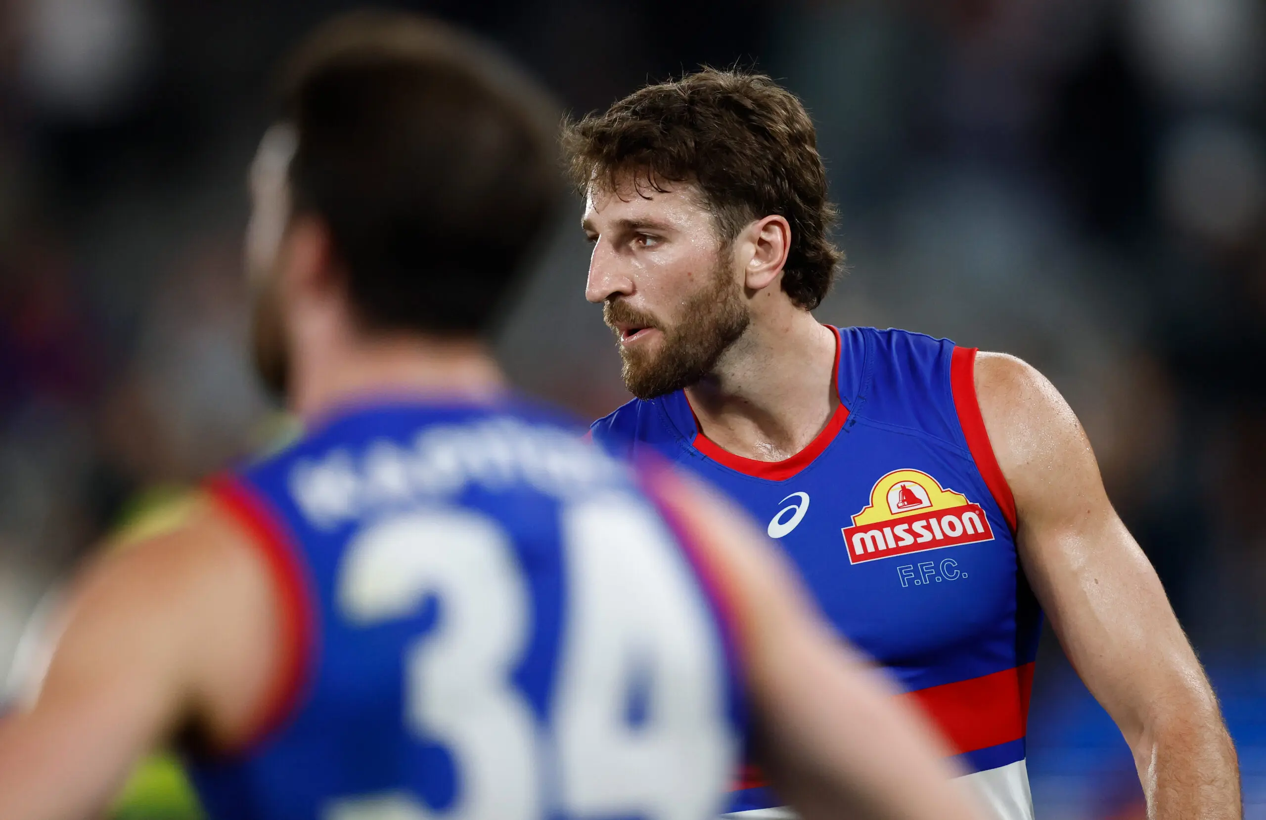 MELBOURNE, AUSTRALIA - MAY 01: Marcus Bontempelli of the Bulldogs looks dejected after a loss during the 2026 AFL Round 08 match between the Western Bulldogs and the Fremantle Dockers at Marvel Stadium on May 1, 2026 in Melbourne, Australia. (Photo by Michael Willson/AFL Photos via Getty Images)