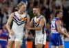 MELBOURNE, AUSTRALIA - MAY 01: Hayden Young (left) and Sam Switkowski of the Dockers celebrate during the 2026 AFL Round 08 match between the Western Bulldogs and the Fremantle Dockers at Marvel Stadium on May 1, 2026 in Melbourne, Australia. (Photo by Michael Willson/AFL Photos via Getty Images)