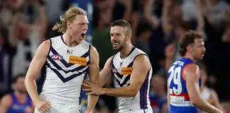 Freo coach praises x-factor duo MELBOURNE, AUSTRALIA - MAY 01: Hayden Young (left) and Sam Switkowski of the Dockers celebrate during the 2026 AFL Round 08 match between the Western Bulldogs and the Fremantle Dockers at Marvel Stadium on May 1, 2026 in Melbourne, Australia. (Photo by Michael Willson/AFL Photos via Getty Images)