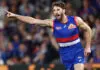 MELBOURNE, AUSTRALIA - MAY 01: Marcus Bontempelli of the Bulldogs celebrates a goal during the 2026 AFL Round 08 match between the Western Bulldogs and the Fremantle Dockers at Marvel Stadium on May 1, 2026 in Melbourne, Australia. (Photo by James Wiltshire/AFL Photos via Getty Images)