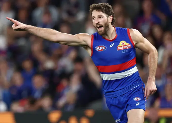 MELBOURNE, AUSTRALIA - MAY 01: Marcus Bontempelli of the Bulldogs celebrates a goal during the 2026 AFL Round 08 match between the Western Bulldogs and the Fremantle Dockers at Marvel Stadium on May 1, 2026 in Melbourne, Australia. (Photo by James Wiltshire/AFL Photos via Getty Images)