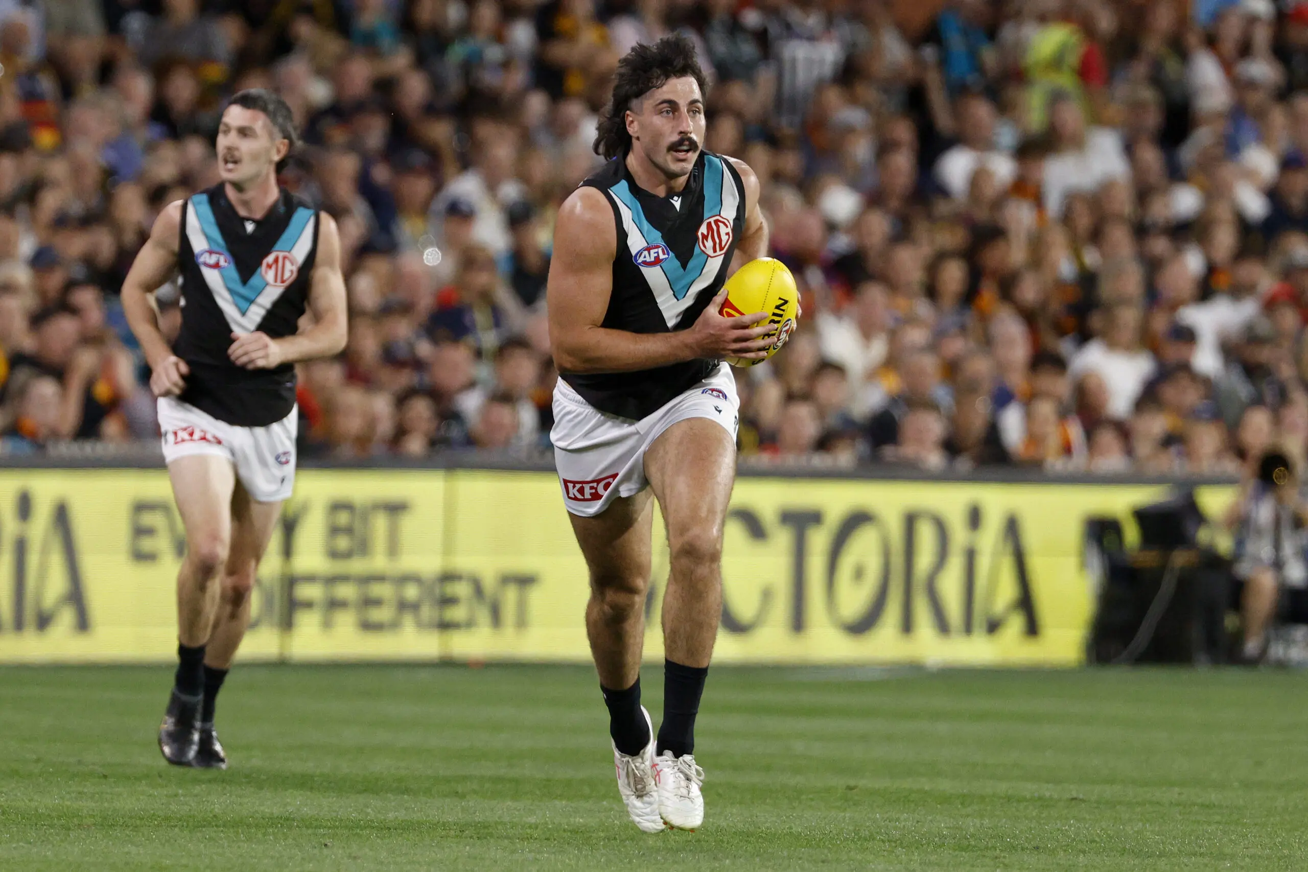 ADELAIDE, AUSTRALIA - MAY 01: Lachie Jones of the Power during the 2026 AFL Round 08 match between the Adelaide Crows and the Port Adelaide Power at Adelaide Oval on May 1, 2026 in Adelaide, Australia. (Photo by James Elsby/AFL Photos via Getty Images)