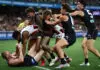 MELBOURNE, AUSTRALIA - MAY 02: Nasiah Wanganeen-Milera of the Saints and Harry Dean of the Blues have a wrestle during the 2026 AFL Round 08 match between the Carlton Blues and the St Kilda Saints at Marvel Stadium on May 2, 2026 in Melbourne, Australia. (Photo by James Wiltshire/AFL Photos via Getty Images)