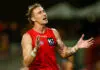 GOLD COAST, AUSTRALIA - MAY 03: Sam Clohesy of the Suns reacts during the 2026 AFL Round 08 match between the Gold Coast Suns and the GWS Giants at People First Stadium on May 3, 2026 in the Gold Coast, Australia. (Photo by Russell Freeman/AFL Photos via Getty Images)