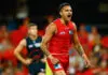 GOLD COAST, AUSTRALIA - MAY 03: Jamarra Ugle-Hagan of the Suns celebrates a goal during the 2026 AFL Round 08 match between the Gold Coast Suns and the GWS Giants at People First Stadium on May 3, 2026 in the Gold Coast, Australia. (Photo by Russell Freeman/AFL Photos via Getty Images)